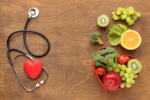 "Nurturing your heart with love: A visual feast of heart-healthy foods, including salmon, vegetables, and nuts."