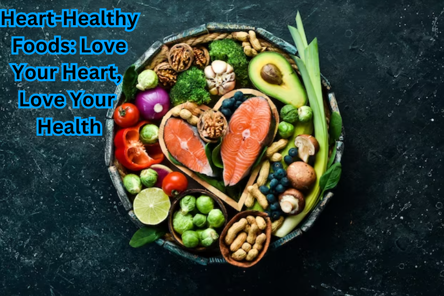 "A vibrant assortment of heart-healthy foods: Fatty fish, colorful berries, leafy greens, nuts, and oats on a plate."